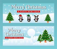 modelo de banner de feliz natal e feliz ano novo com pinguins vetor