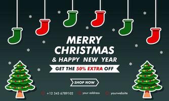 banner de mega venda de Natal e ano novo com modelo de design de fundo preto vetor