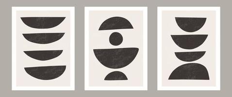 arte de parede abstrata contemporânea na moda, conjunto de 3 gravuras de arte boho, formas pretas mínimas em bege. composição artística minimalista geométrica criativa de meados do século. pôsteres para decoração de parede vetor