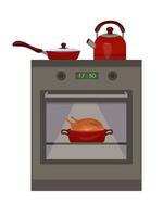 fogão de cozinha. há uma frigideira vermelha e uma chaleira no fogão. o peru é assado no forno. ilustração vetorial em estilo cartoon plana vetor