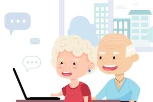 avós felizes estão sentados em um laptop. ilustração vetorial vetor