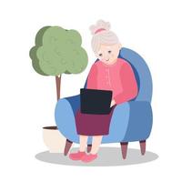 feliz avó se senta em uma cadeira em um laptop. ilustração vetorial vetor