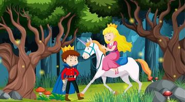 cena de fantasia de floresta com príncipe e princesa vetor