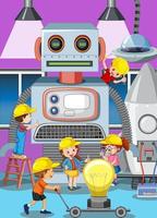 cena com crianças construindo robô juntas vetor