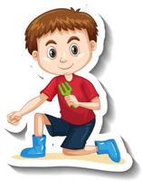 Um menino segurando uma ferramenta de jardinagem adesivo de personagem de desenho animado vetor