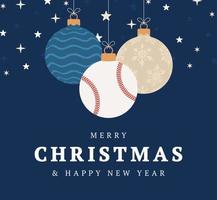 cartão de felicitações de Natal de beisebol. Feliz Natal e feliz ano novo plana cartoon banner de esportes. bola de beisebol como uma bola de natal no fundo. ilustração vetorial. vetor