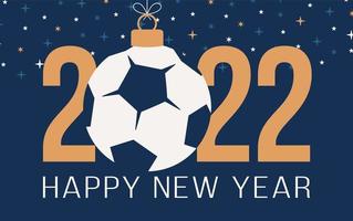 2022 feliz ano novo. plana esportes cartão com futebol e bola de futebol sobre fundo azul. ilustração vetorial. vetor