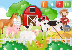 Agricultor e animais de fazenda na fazenda vetor