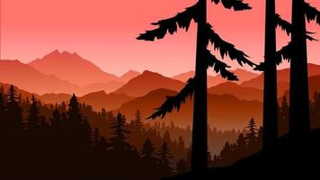bela paisagem nebulosa de floresta montanhosa em silhueta vetor