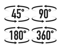 sinais com Setas; flechas para indicar a rotação ou panoramas para 45, 90, 180 e 360 graus. vetor ilustração.