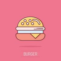 ícone de sinal de hambúrguer em estilo cômico. ilustração dos desenhos animados do vetor hambúrguer em fundo branco isolado. efeito de respingo de conceito de negócio de cheeseburger.