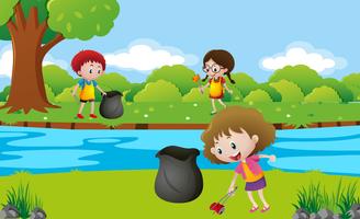 Crianças limpando o parque vetor