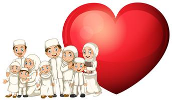 Família muçulmana em traje branco e coração vermelho vetor