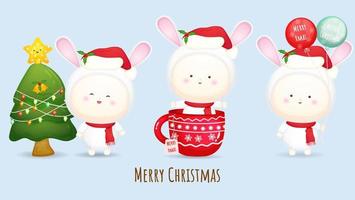 bebê fofo com chapéu de Papai Noel para ilustração de feliz natal definido com diferentes poses vetor premium