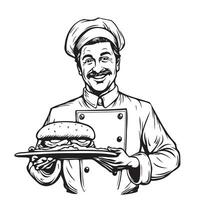 vetor ilustração do uma esboço do uma chefe de cozinha com uma bigode e uma chapéu ,contenção velozes Comida dentro dele mãos