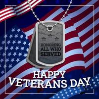 fundo do dia dos veteranos com bandeira e etiqueta militar vetor
