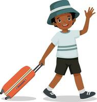 fofa pequeno africano Garoto com chapéu indo em verão período de férias viajando com mala de viagem acenando mão vetor
