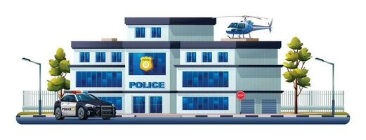 polícia estação construção com patrulha carro e helicóptero. polícia departamento escritório vetor ilustração