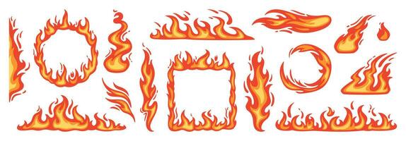 desenho animado vermelho chama. fogo chamas, quente bola fogo, Perigo incêndios fogueira e fogueira elementos, fogo quadros e flamejante fronteiras isolado vetor conjunto