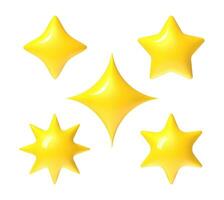 3d estrela. amarelo estrelas para emoji, Reveja e Avaliação ui. 3d desenho animado fofa Sol realista símbolo. três, quatro e cinco, seis e oito raio formas vetor conjunto