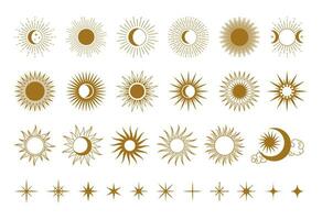 abstrato mágico Sol. gráfico dourado sol, nascer do sol elementos, lua e estrelas. astrologia místico decorativo símbolos. dia e noite placa isolado em branco fundo vetor