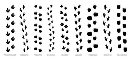 degrau faixas dinossauro trilhas. dino pata pegada, selvagem antigo animal, predador vestígio passo, caminhando réptil etapa, lagarto trilha pés, silhueta pata impressões vetor conjunto