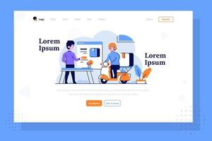 pessoas do mercado de negócios da página de destino solicitam algumas coisas no aplicativo o item de entrega de correio com estilo de design plano e contorno de motocicleta vetor
