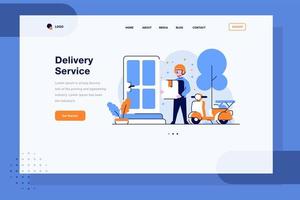 página de destino correio de mercado de negócios entregar itens com motocicleta para a porta de casa de uma casa de consumidor plana e delinear estilo de design vetor