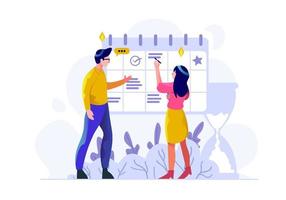 negócios finanças homem e mulheres gerenciando cronograma gerenciamento trabalho data calendário pessoas personagem design plano estilo ilustração vetorial vetor