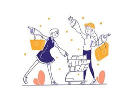 cliente do sexo feminino, viciada em compras, compra e coloca o item no carrinho de compras na ilustração do conceito da loja online em estilo de design desenhado à mão de contorno vetor