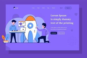 página de destino desenvolvimento de foguete de desenvolvedor de inicialização de negócios definindo estilo de design plano e contorno vetor