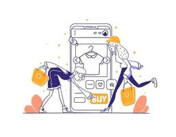 meninas escolhem e compram produtos de venda de moda em ilustração de conceito de loja online em estilo de design desenhado à mão de contorno vetor