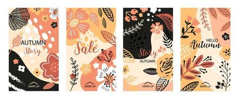 banner floral vetor para histórias de mídia social, ilustração de outono de venda. flores planas, pétalas, folhas de elementos de doodle. usar para convite de evento, voucher de desconto, publicidade. estilo de colagem.