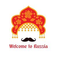 bem-vindo à Rússia, um cartão postal divertido com um cocar-kokoshnik tradicional russo e bigode vetor