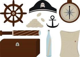 conjunto pirata de chapéu, volante, luneta, moedas, baú, bússola, âncora e mapa vetor