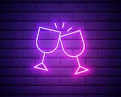 duas taças de vinho tinto tilintantes com sinal de néon de respingo. elemento de design de celebração. sinal de néon brilhante à noite, outdoor colorido, banner de luz. ilustração vetorial no estilo neon. vetor