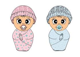 menino recém-nascido e menina com manequim enrolado em um cobertor, com um chapéu. mão desenhada conjunto bonito dos desenhos animados gêmeos do bebê. vetor isolado.