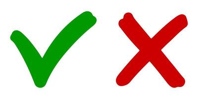 mão desenhada de marca de seleção verde e cruz vermelha isolada. ícone certo e errado. ilustração vetorial. vetor
