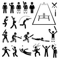 Ações de jogador de críquete posa Stick Figure pictograma ícones. vetor