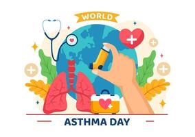 mundo asma dia vetor ilustração em pode 2 com inalador, médico equipamento e saúde prevenção pulmões dentro cuidados de saúde plano desenho animado fundo
