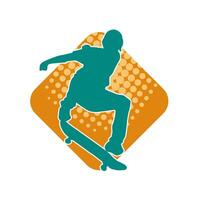 silhueta do uma adolescente Garoto jogando skate. silhueta do uma masculino dentro açao pose em skate. vetor