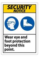 sinal de aviso de segurança usar proteção para os olhos e os pés além deste ponto com os símbolos ppe vetor