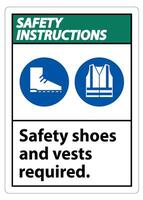 instruções de segurança assinam sapatos de segurança e colete obrigatório com símbolos de ppe em fundo branco, ilustração vetorial vetor