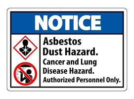 aviso etiqueta de segurança, risco de pó de amianto, risco de câncer e doenças pulmonares apenas pessoal autorizado vetor