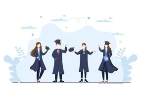 feliz dia da formatura de alunos comemorando ilustração vetorial de fundo usando trajes acadêmicos, chapéu de pós-graduação e diploma em estilo simples. vetor