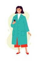 ilustração de uma linda garota com um casaco turquesa. vetor. mulher com um telefone. estilo casual de vestido. estilo simples. a imagem é isolada em um fundo branco. vetor