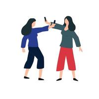 duas mulheres atiram uma na outra ao telefone. vetor. conflito entre duas senhoras. duelo em smartphones. coleção de evidências de vídeo. dois vídeos são feitos por blogueiros. vetor