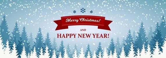 Feliz Natal e feliz ano novo cartão com belas paisagens de inverno. paisagem azul da árvore de Natal com neve. ilustração vetorial com elementos desenhados à mão vetor