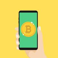 mão segurando o smartphone com moeda bitcoin. conceito de negócio de bitcoin online. vetor