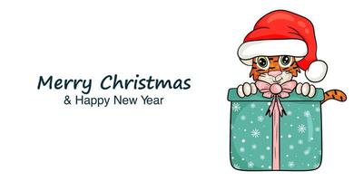 banner de ano novo com a imagem do tigre com chapéu de Papai Noel vermelho. símbolo do ano de acordo com o calendário chinês. feliz Natal e Feliz Ano Novo. ilustração vetorial estilo cartoon vetor